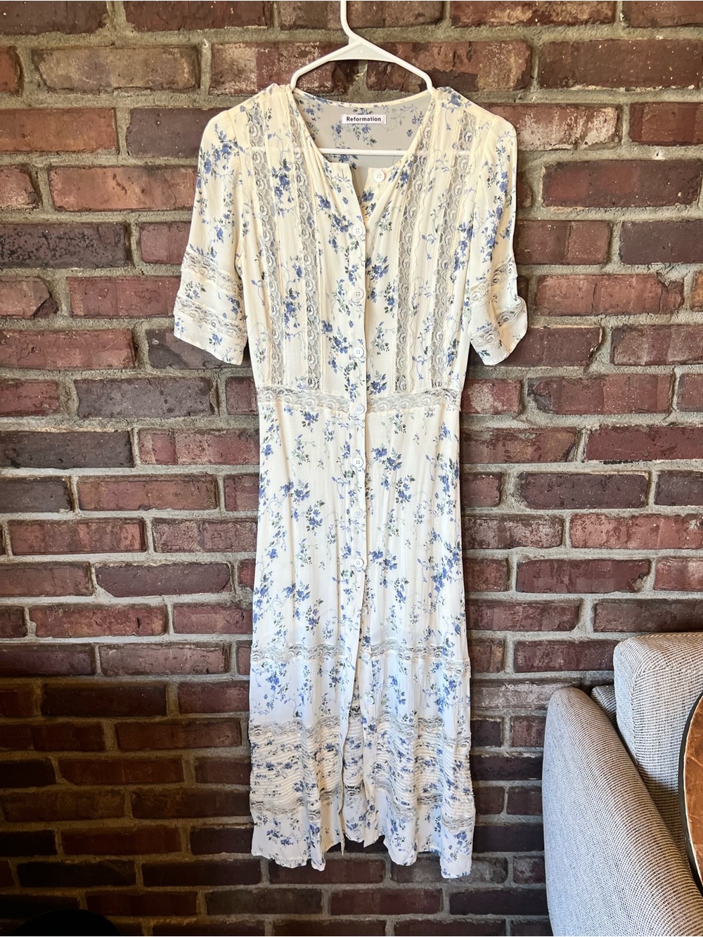 Reformation Cream Midi Dress with Blue Floral Print